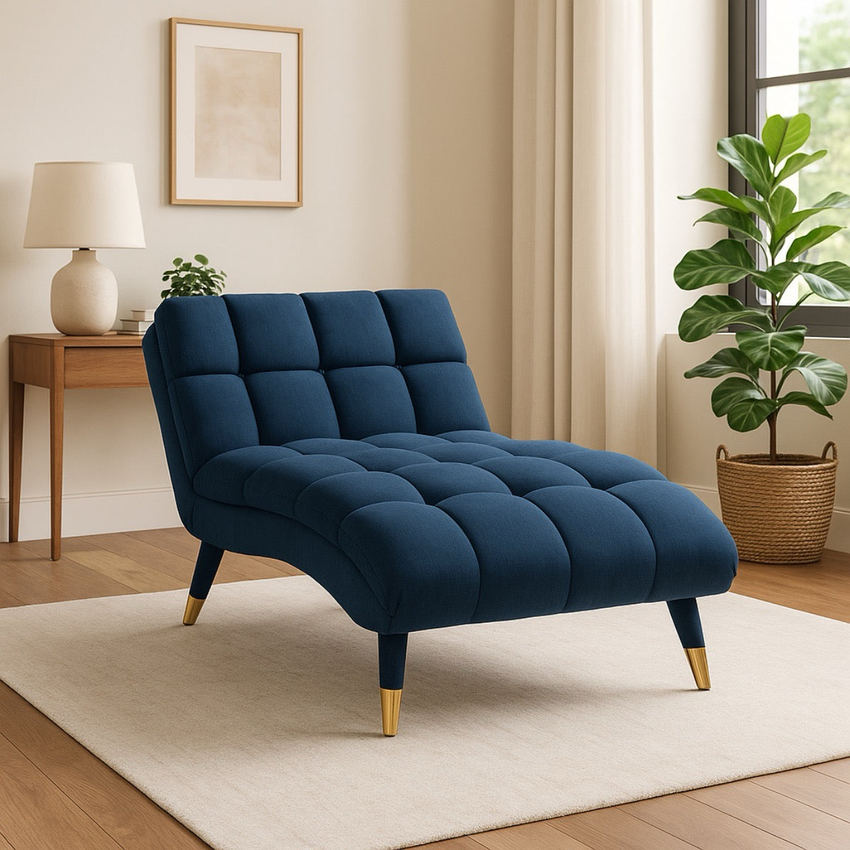 Blue tufted chaise lounge in a living room setting with a lamp, plant, and side table.